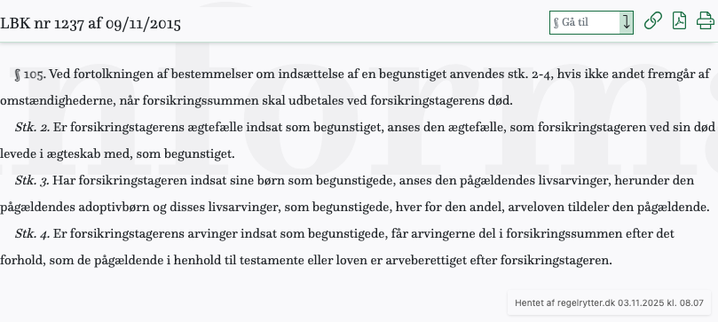 Screenshot af § 105. fra retsinformation.dk