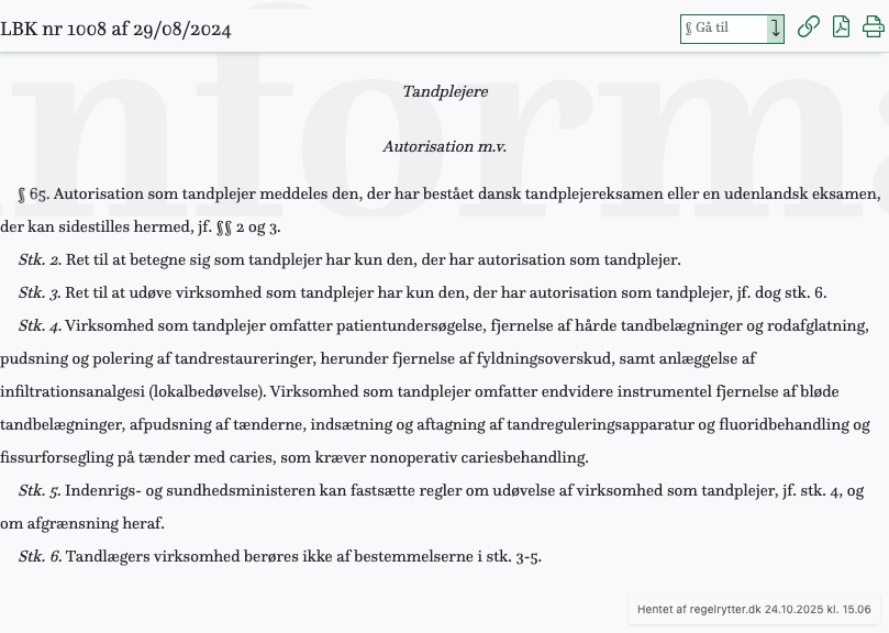 Screenshot af § 65. fra retsinformation.dk
