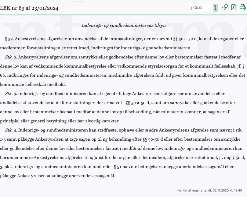 Screenshot af § 52. fra retsinformation.dk