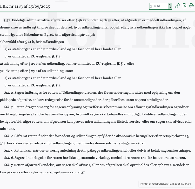 Screenshot af § 52. fra retsinformation.dk