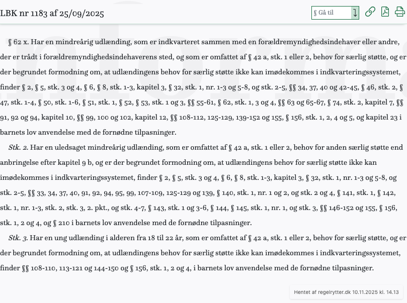 Screenshot af § 62 x. fra retsinformation.dk