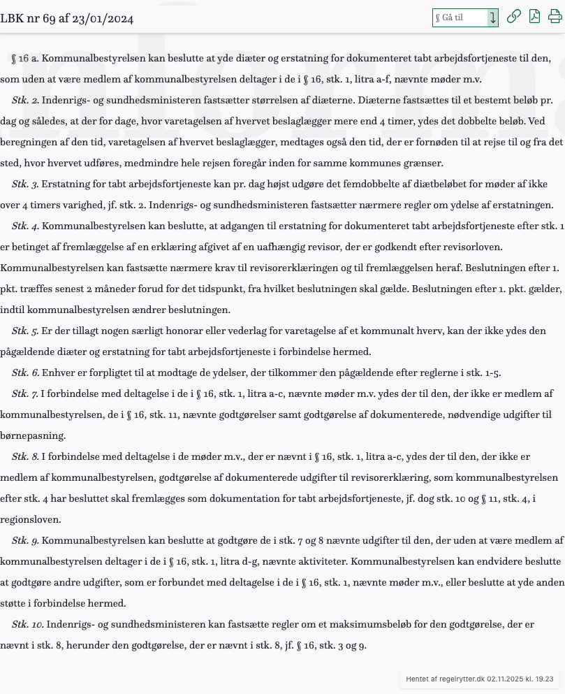 Screenshot af § 16 a. fra retsinformation.dk