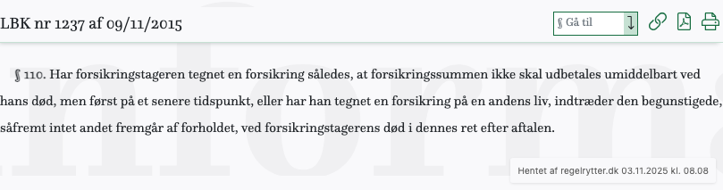 Screenshot af § 110. fra retsinformation.dk
