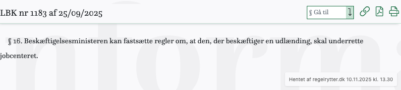 Screenshot af § 16. fra retsinformation.dk