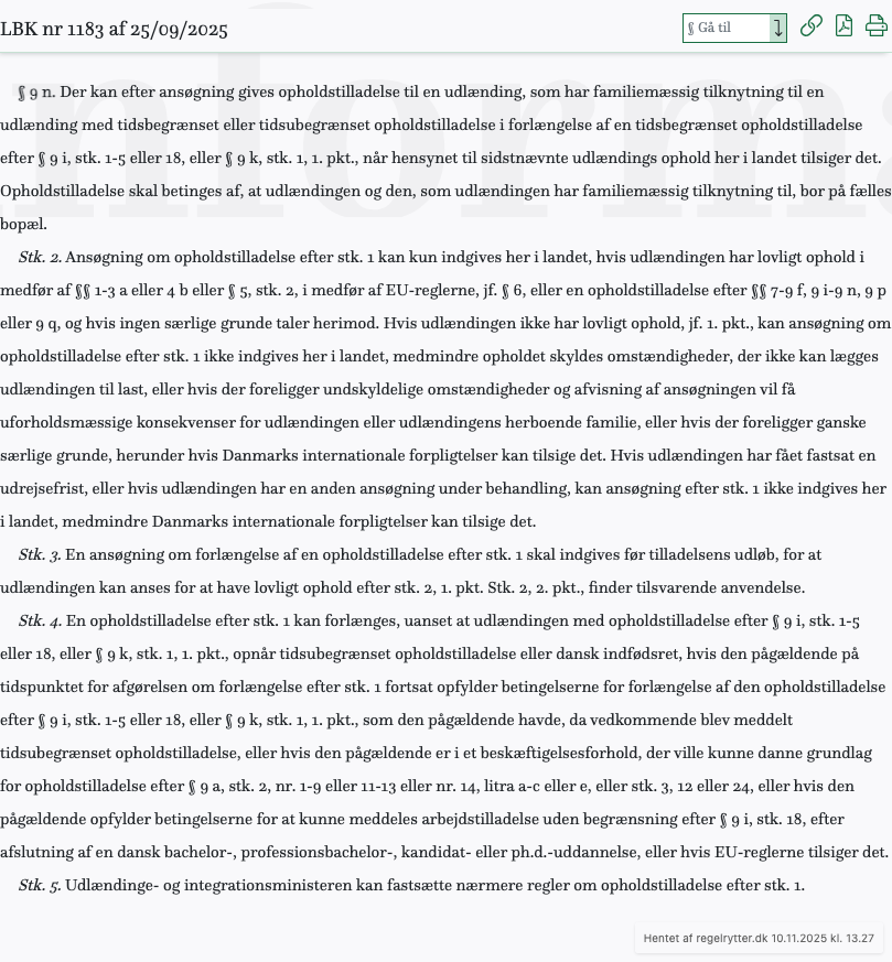 Screenshot af § 9 n. fra retsinformation.dk