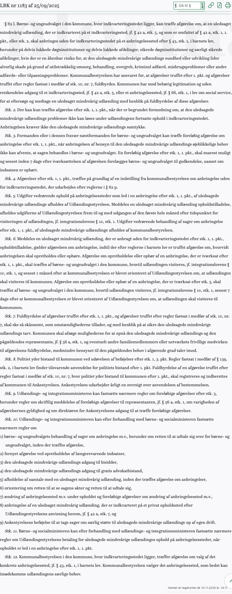 Screenshot af § 62 l. fra retsinformation.dk