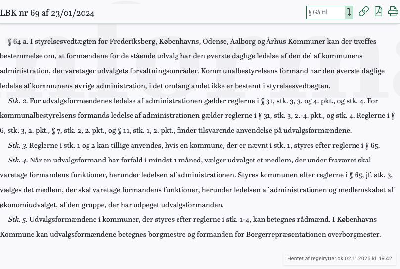 Screenshot af § 64 a. fra retsinformation.dk
