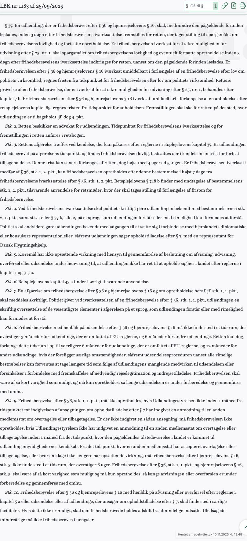 Screenshot af § 37. fra retsinformation.dk