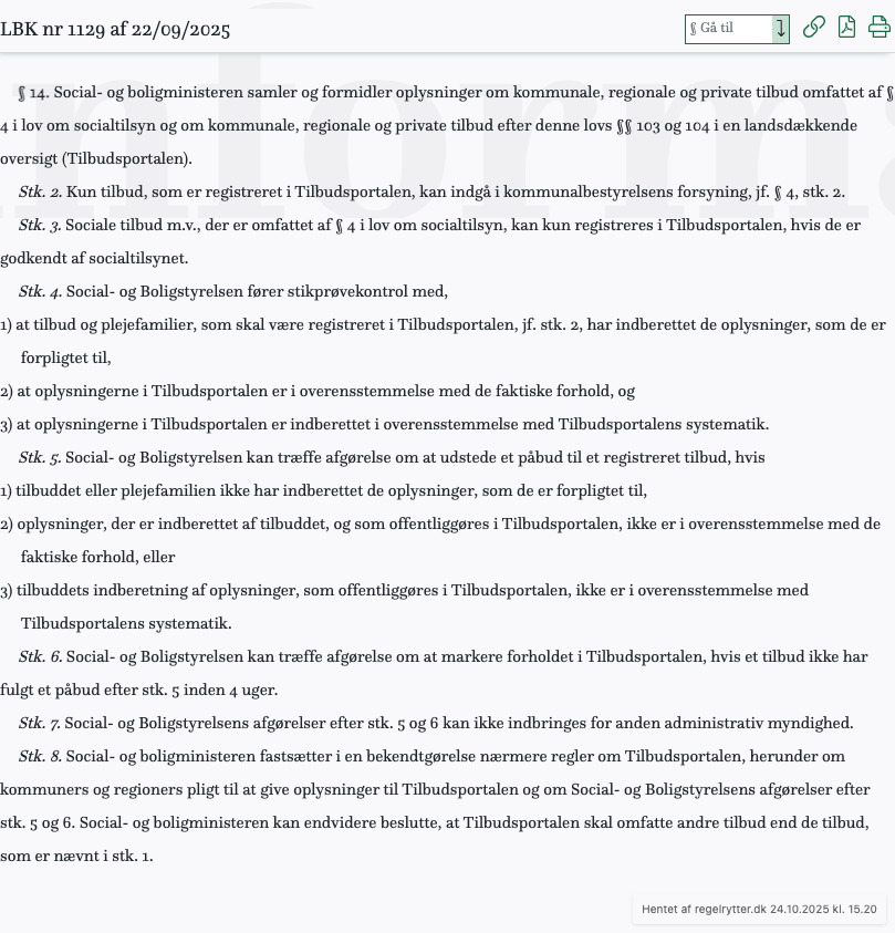 Screenshot af § 14. fra retsinformation.dk