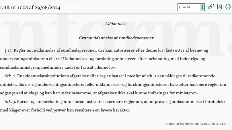 Screenshot af § 15. fra retsinformation.dk