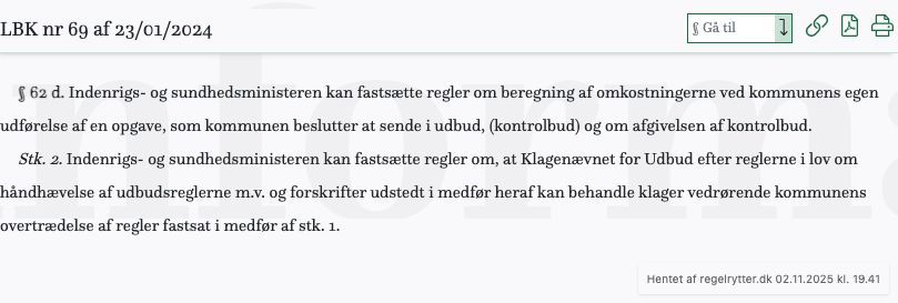 Screenshot af § 62 d. fra retsinformation.dk