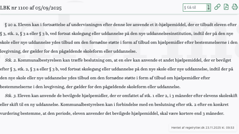 Screenshot af § 20 a. fra retsinformation.dk