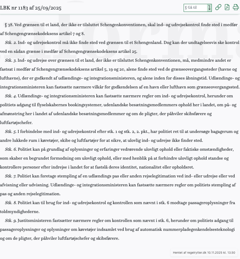 Screenshot af § 38. fra retsinformation.dk