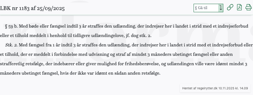 Screenshot af § 59 b. fra retsinformation.dk