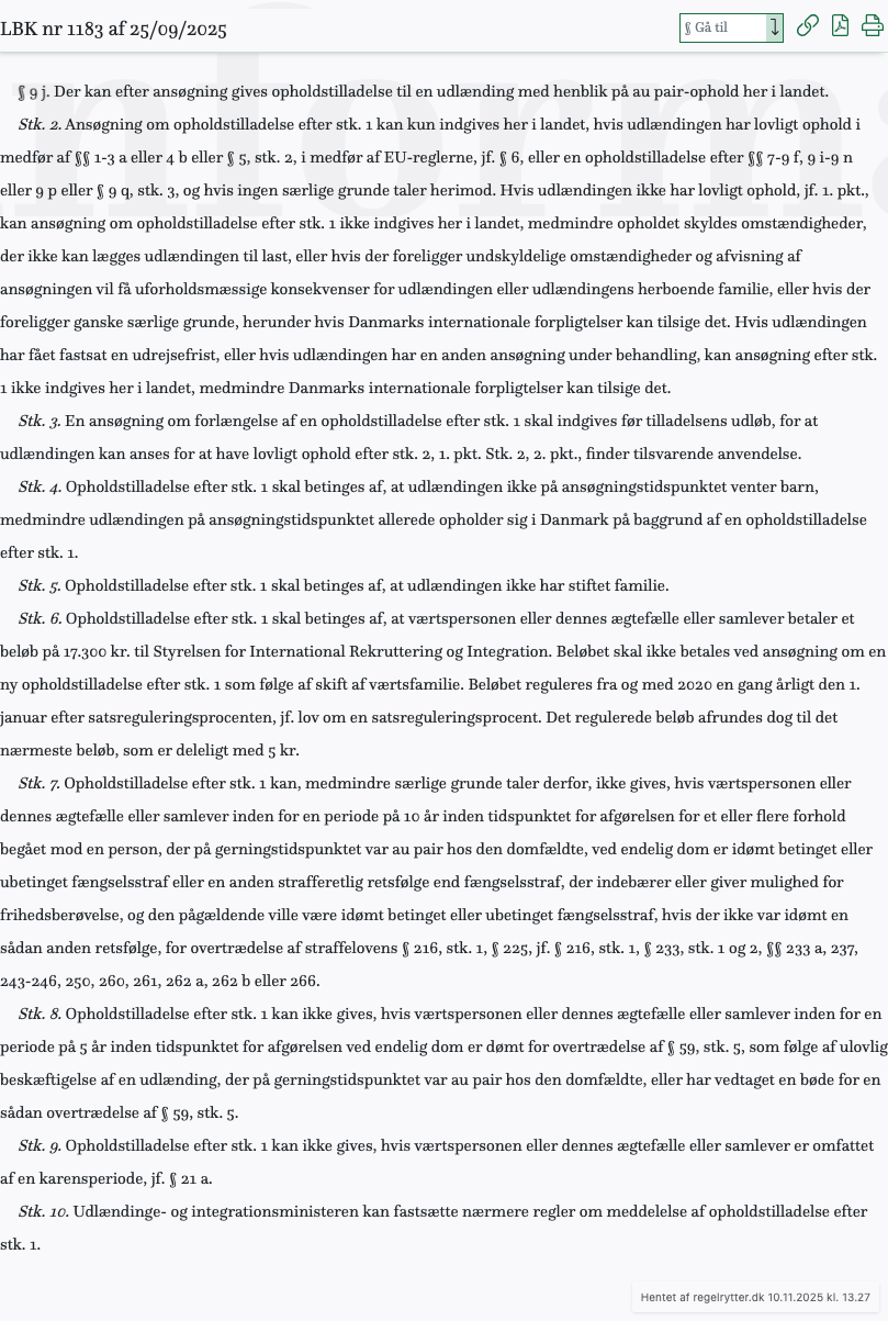 Screenshot af § 9 j. fra retsinformation.dk