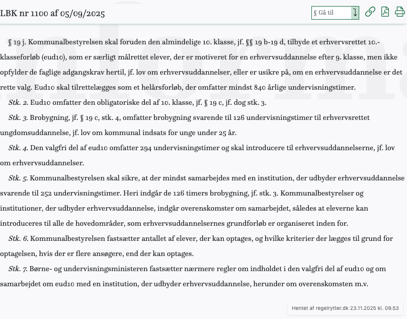 Screenshot af § 19 j. fra retsinformation.dk