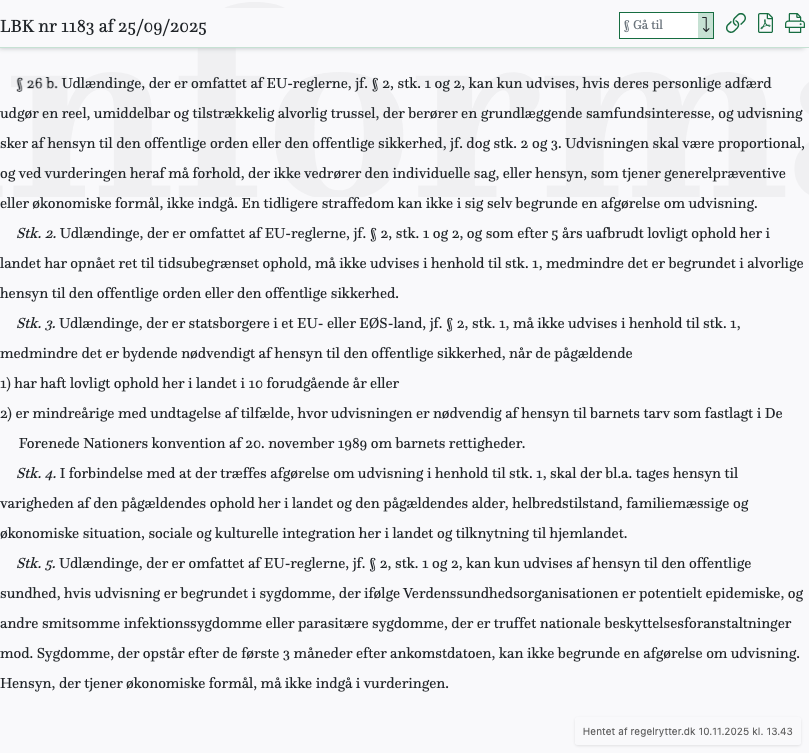 Screenshot af § 26 b. fra retsinformation.dk