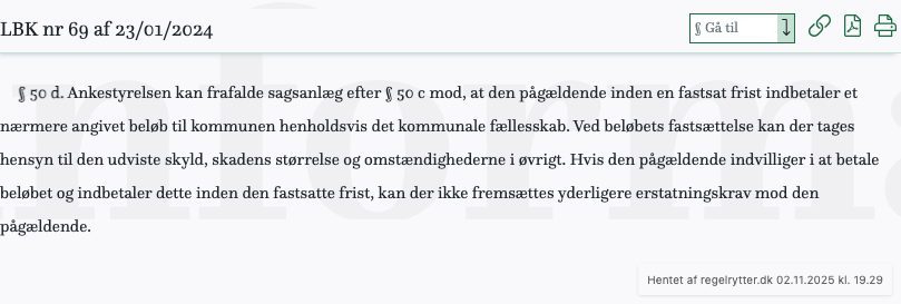 Screenshot af § 50 d. fra retsinformation.dk