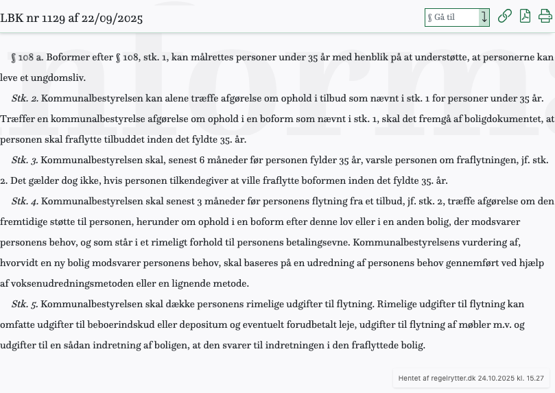 Screenshot af § 108 a. fra retsinformation.dk