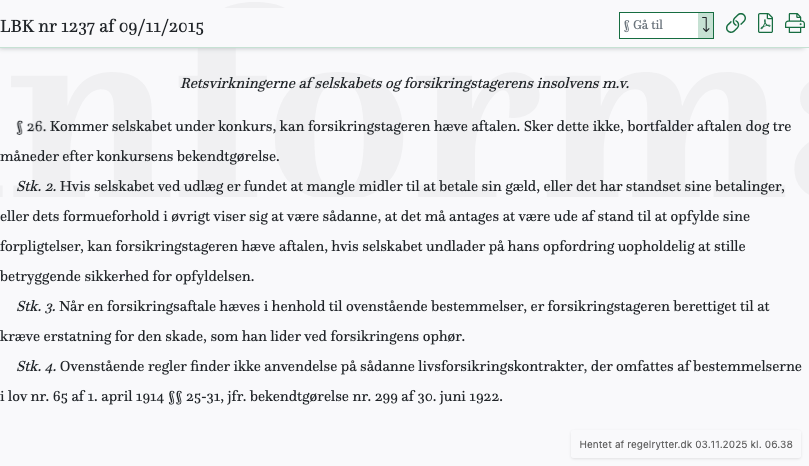 Screenshot af § 26. fra retsinformation.dk
