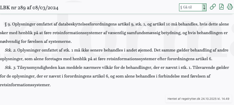 Screenshot af § 9. fra retsinformation.dk
