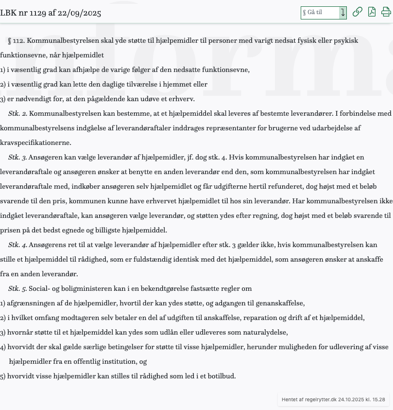 Screenshot af § 112. fra retsinformation.dk