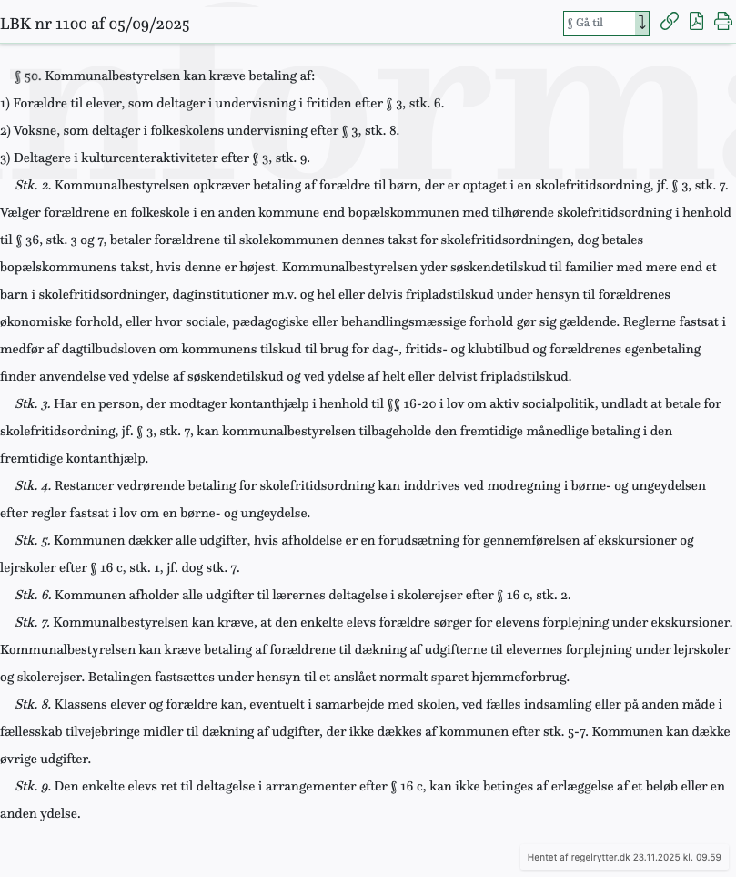 Screenshot af § 50. fra retsinformation.dk