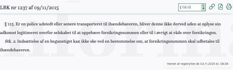 Screenshot af § 115. fra retsinformation.dk