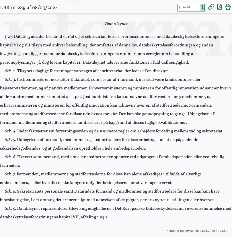 Screenshot af § 27. fra retsinformation.dk