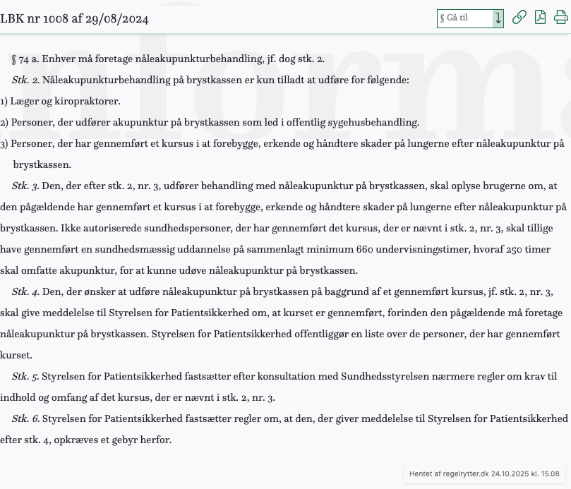Screenshot af § 74 a. fra retsinformation.dk