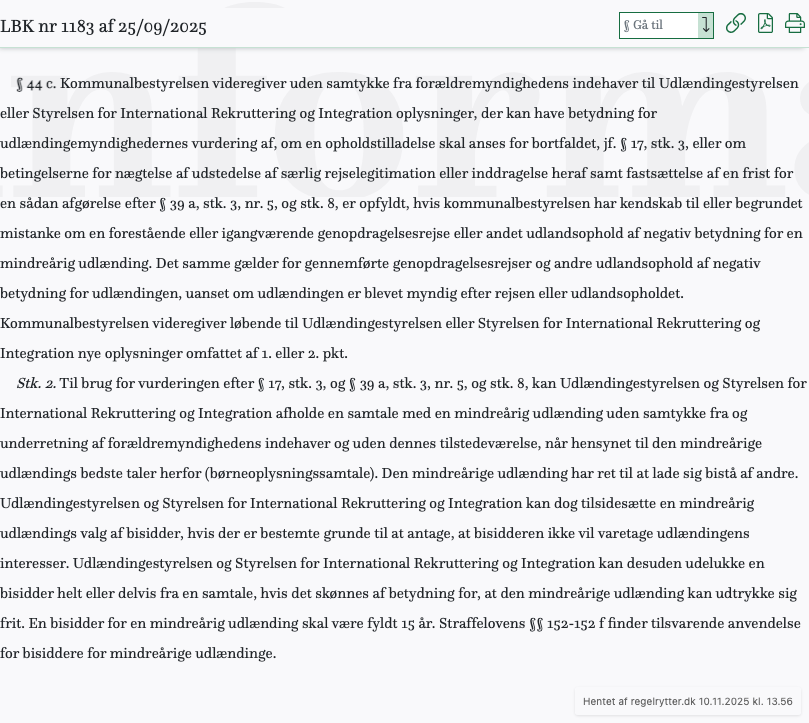 Screenshot af § 44 c. fra retsinformation.dk