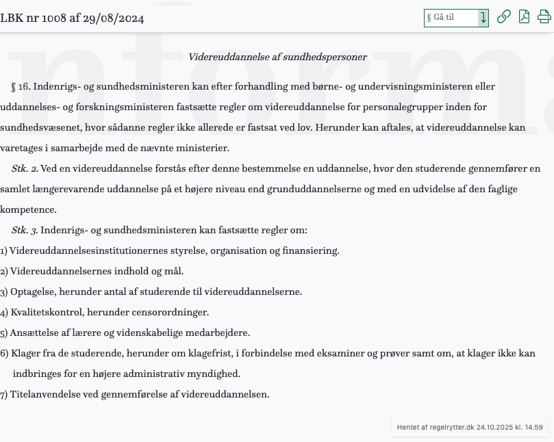 Screenshot af § 16. fra retsinformation.dk