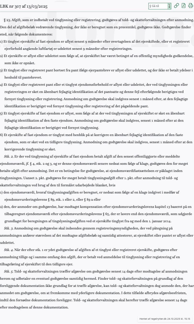 Screenshot af § 23. fra retsinformation.dk