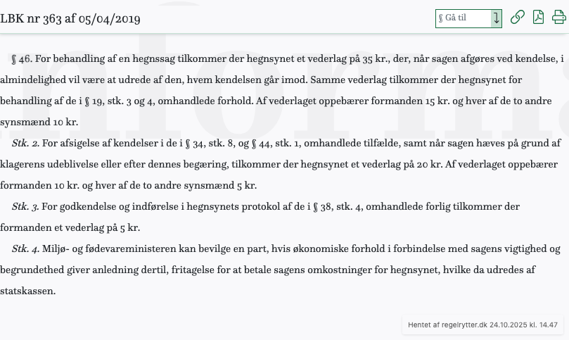 Screenshot af § 46. fra retsinformation.dk
