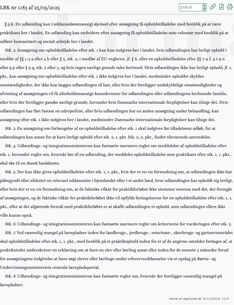 Screenshot af § 9 k. fra retsinformation.dk