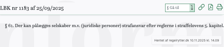 Screenshot af § 61. fra retsinformation.dk