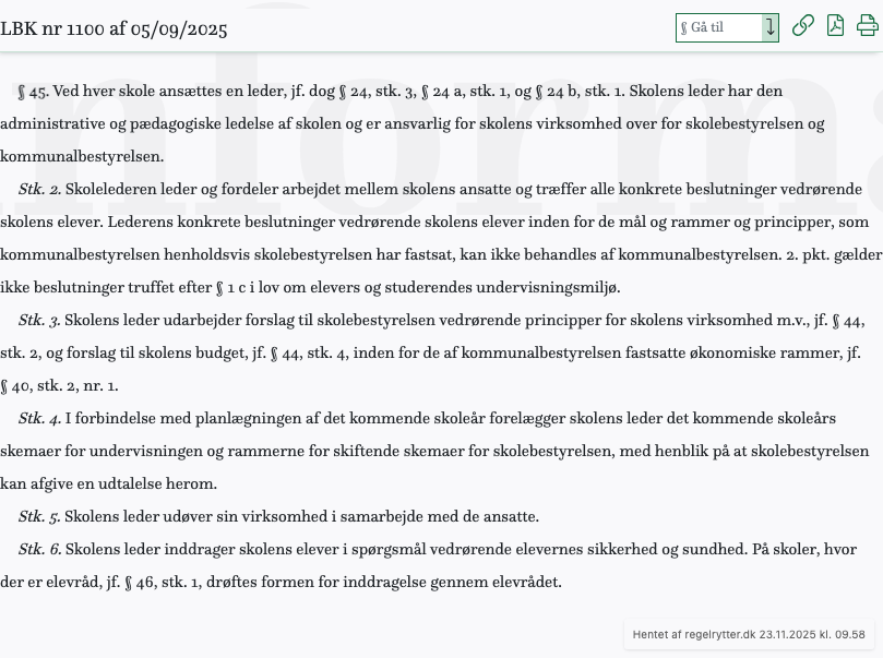Screenshot af § 45. fra retsinformation.dk