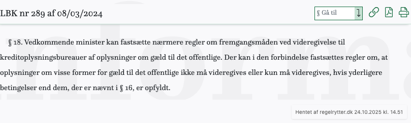 Screenshot af § 18. fra retsinformation.dk