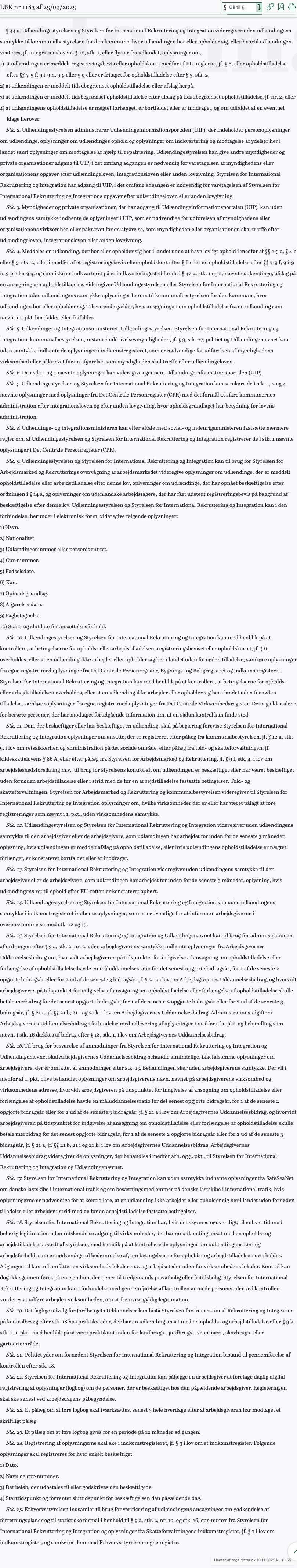 Screenshot af § 44 a. fra retsinformation.dk