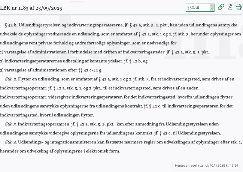 Screenshot af § 42 h. fra retsinformation.dk