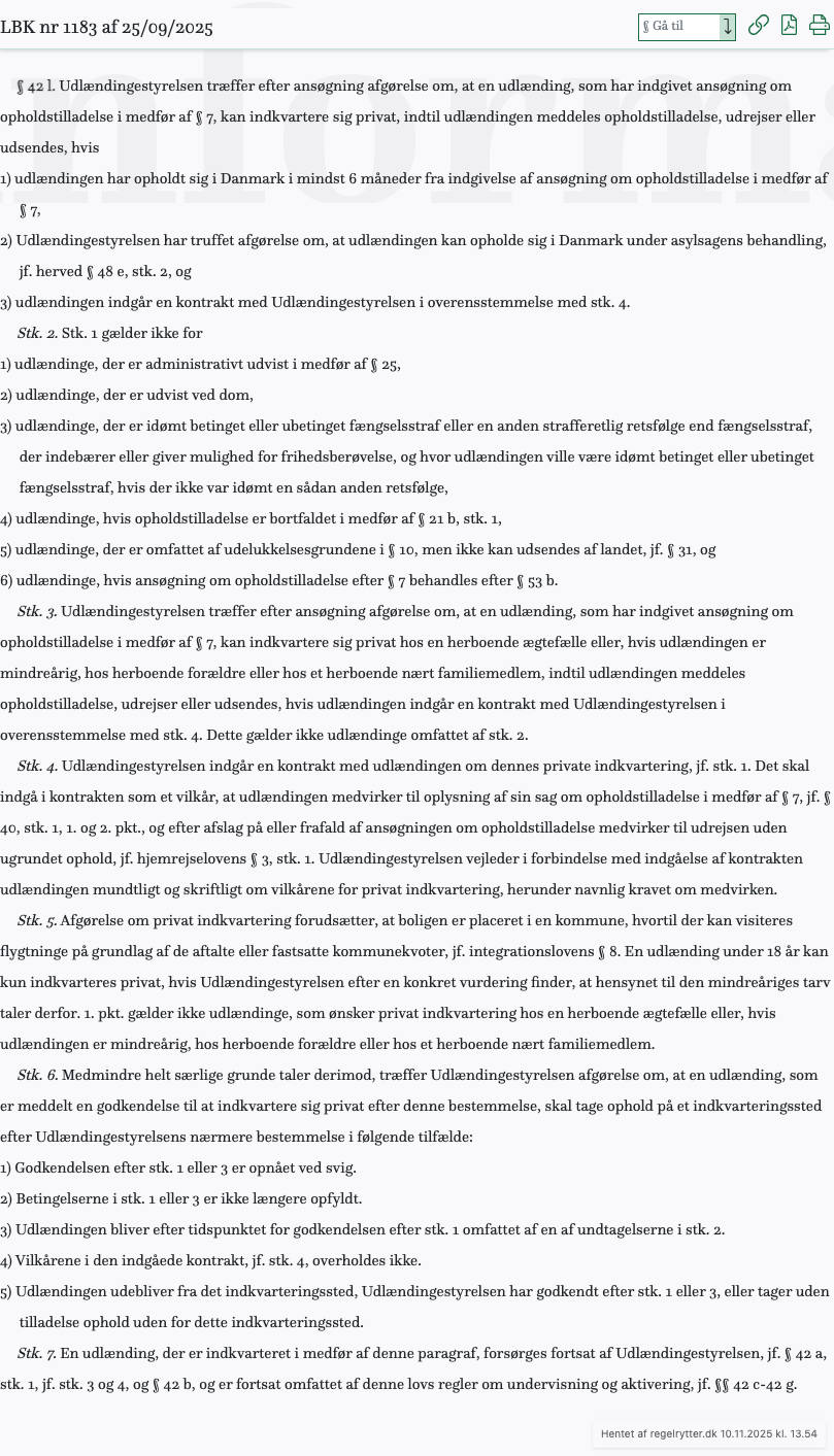 Screenshot af § 42 l. fra retsinformation.dk