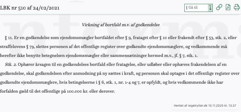Screenshot af § 11. fra retsinformation.dk