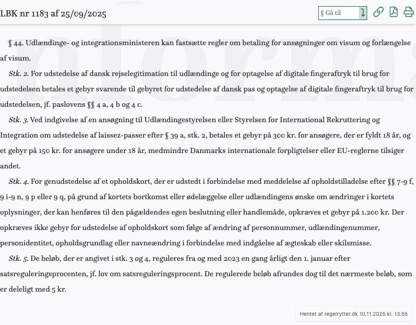 Screenshot af § 44. fra retsinformation.dk