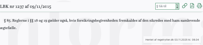 Screenshot af § 85. fra retsinformation.dk