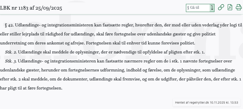 Screenshot af § 42. fra retsinformation.dk