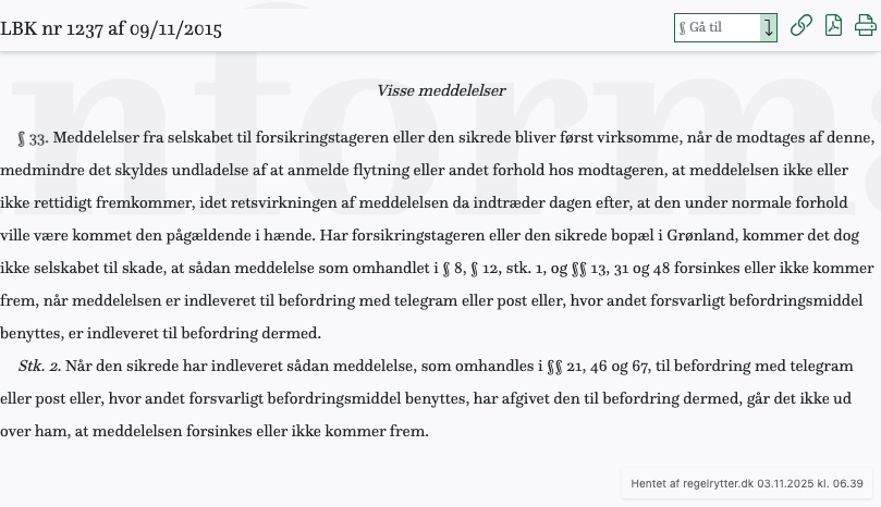 Screenshot af § 33. fra retsinformation.dk