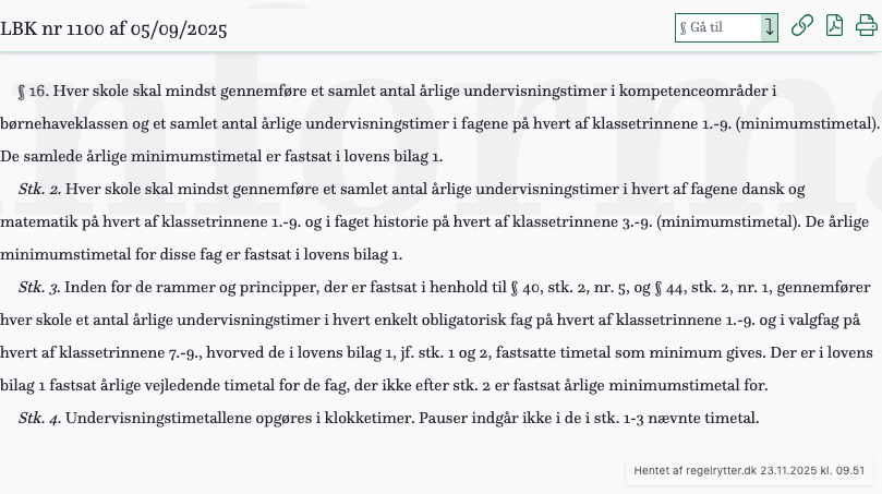Screenshot af § 16. fra retsinformation.dk