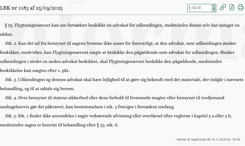 Screenshot af § 55. fra retsinformation.dk