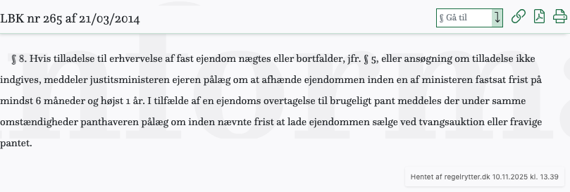 Screenshot af § 8. fra retsinformation.dk