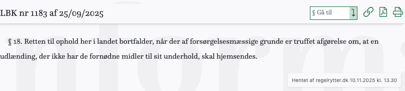 Screenshot af § 18. fra retsinformation.dk